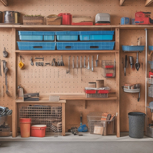 A well-organized garage with a pegboard on the wall, holding various tools and accessories, surrounded by labeled bins and baskets, and a DIY shelving unit made from reclaimed wood.