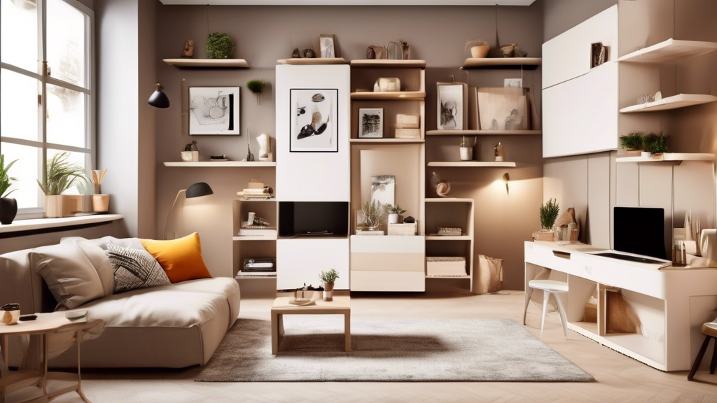 Create an image of a cleverly organized small apartment living room, showcasing innovative space-saving solutions such as foldable furniture, hidden storage compartments, and multi-functional design elements. The room should feel cozy and stylish des