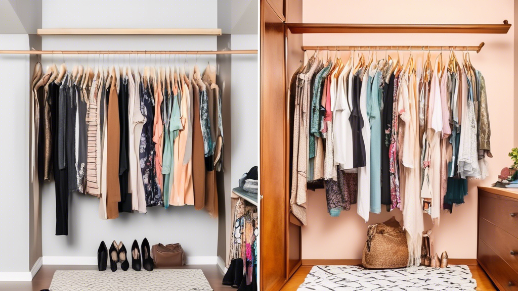 Create an image of a cluttered and disorganized closet filled with clothes, then show the same closet transformed with space-saving hangers that maximize closet space efficiently. The before and after comparison should clearly demonstrate the effecti