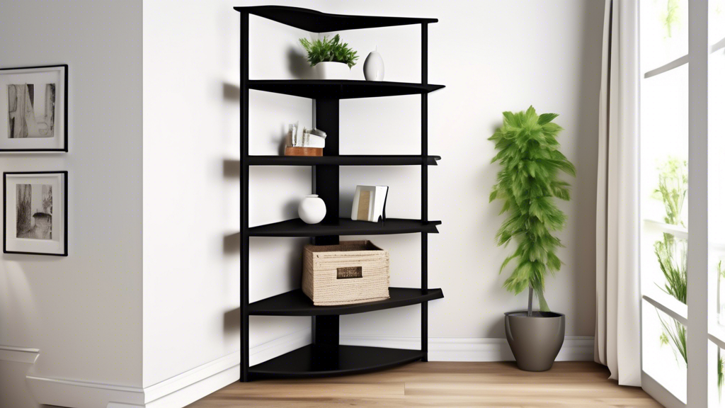 Create an image of a stylish and efficient corner shelving unit in a minimalist living room setting. Showcasing a variety of items neatly organized and displayed on the shelves, such as books, plants, decorative items, and storage boxes. The shelving