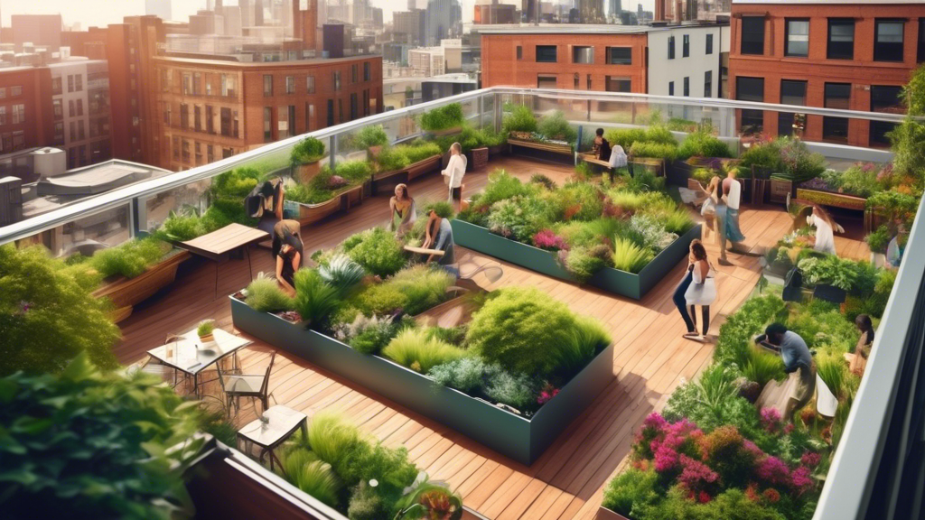 Create an image of a bustling urban rooftop garden with greenery overflowing in the foreground and people engaging in various activities such as gardening, socializing, and enjoying the space. The setting should showcase the transformation of an othe