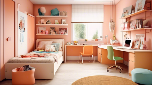 Create an image of a small kids' room showcasing innovative and efficient storage solutions, such as hanging organizers, creative shelving, and multifunctional furniture. The room should be bright, colorful, and clutter-free, emphasizing the importan