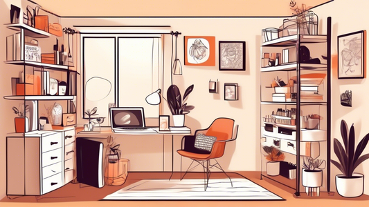 Create an illustration of a small, cluttered room with limited floor space but efficient and creative use of vertical storage solutions, such as wall-mounted shelves, hanging organizers, and tall cabinets, to maximize storage capabilities. The room s