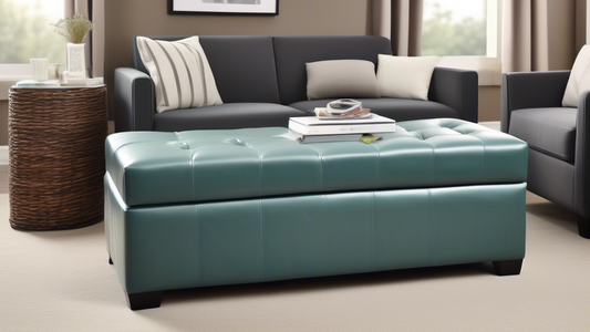 Create an image of a stylish living room or office space that showcases storage ottomans as a chic and practical organizational solution. The room should have a modern and elegant decor, with several storage ottomans placed strategically around the r