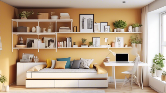 Create an image of a small room with clever vertical storage solutions, such as wall-mounted shelves, hanging organizers, and multi-functional furniture pieces like a loft bed with built-in storage underneath. Show how these ideas help maximize space