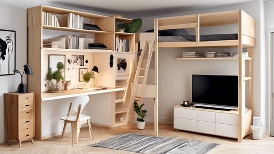Create an image showing a clever storage solution for a studio apartment, such as a multi-functional piece of furniture that maximizes space, like a loft bed with built-in storage compartments or a collapsible dining table that can be tucked away whe