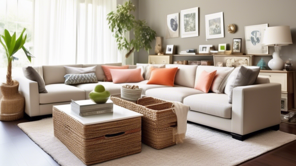 Create an image of a stylish and organized living room with chic organizers in place, showcasing the top reasons to opt for chic organizers for a clutter-free home. The image should feature trendy storage solutions such as elegant baskets, sleek shel