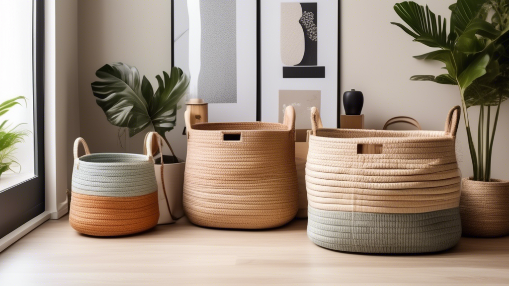 Create an image of a variety of stylish portable storage baskets in different shapes, sizes, and colors, neatly arranged in a modern home setting. Show the baskets being effortlessly utilized to organize various items such as blankets, toys, magazine