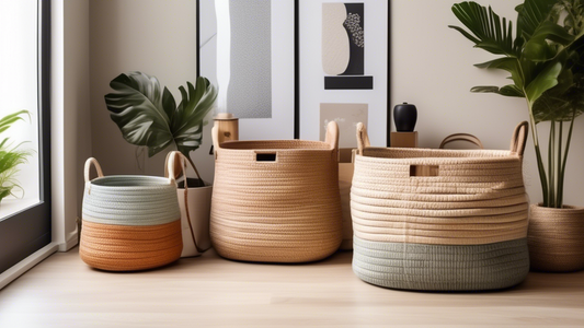Create an image of a variety of stylish portable storage baskets in different shapes, sizes, and colors, neatly arranged in a modern home setting. Show the baskets being effortlessly utilized to organize various items such as blankets, toys, magazine
