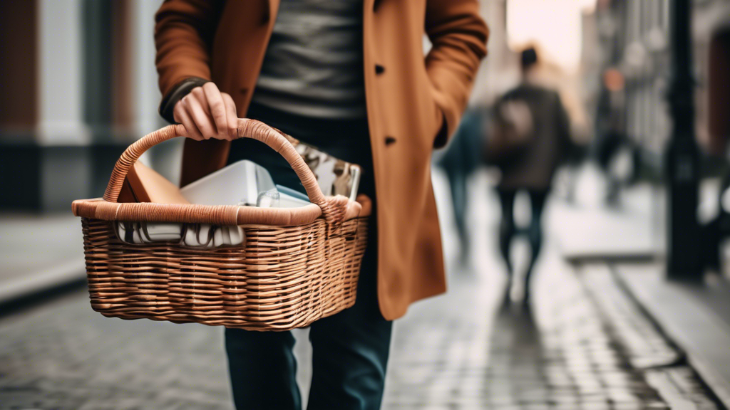 Create an image of a person carrying a portable storage basket in a variety of settings such as a busy city street, a tranquil park, a bustling office, and a cozy living room. The focus should be on the versatility and convenience of the storage bask