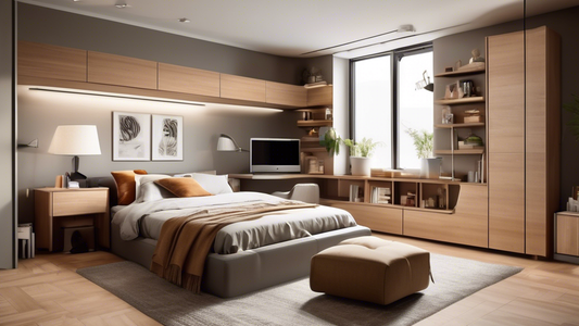 Create an image of a versatile, multi-functional room that maximizes underutilized spaces in a modern home. The room should showcase 5 different effective strategies in action, such as built-in storage solutions, convertible furniture, smart organiza