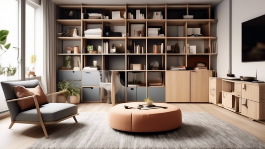 Create an image of a small urban apartment with creative and efficient storage solutions being utilized to maximize the space. Show examples such as built-in shelves, hidden storage compartments, multi-functional furniture pieces, and smart organizat