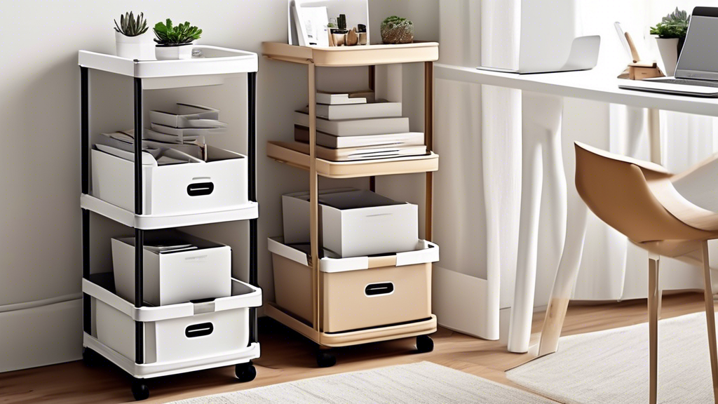 Create an image of a small apartment or office space that is well-organized and clutter-free, featuring various rolling storage carts that maximize space efficiency. Each cart should be sleek, modern, and stylish, showcasing different uses such as st