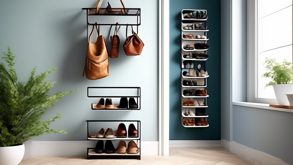 Create an image of a stylish, compact shoe rack ingeniously integrated into a small entryway or closet space. Show various pairs of shoes neatly organized and displayed in a space-saving and visually appealing manner. The design should be practical, 