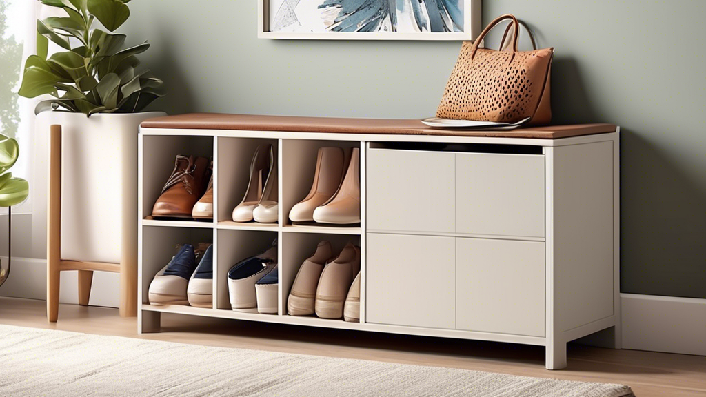 Create an image of a modern entryway with a sleek and stylish storage bench that showcases the versatility and functionality of incorporating storage benches in entryway design. The image should highlight the bench's storage compartments and demonstr