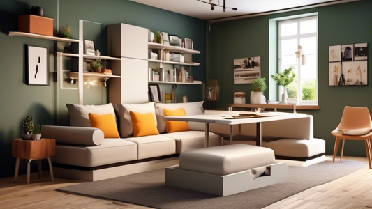 Create an image of a small apartment interior featuring innovative and space-saving furniture solutions. Show a multi-functional sofa that can transform into a bed, a dining table with built-in storage compartments, and a wall-mounted desk that folds