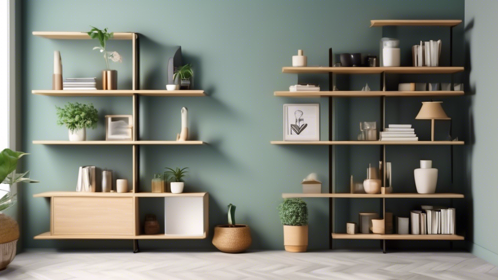 Create an image of a small room with limited space, showcasing innovative and space-saving shelving solutions that help maximize storage and organization. The shelving should be designed to efficiently utilize the available space without compromising