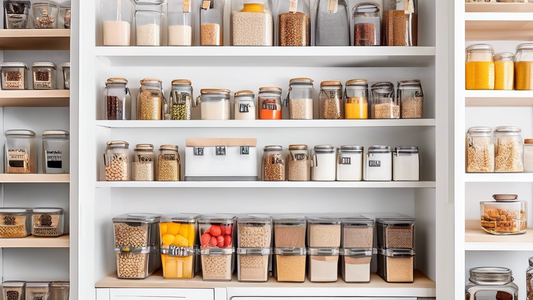 Create an image showing a neatly organized kitchen pantry with creative storage solutions such as labeled containers, tiered shelves, hanging baskets, and pull-out racks to inspire others with 10 genius kitchen pantry storage hacks.