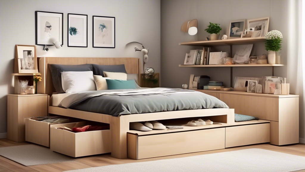 Create an image of a cozy and stylish bedroom with innovative storage solutions such as hidden storage under the bed, wall-mounted shelves, and multi-functional furniture like a bed frame with built-in drawers or a bench that opens up to reveal stora