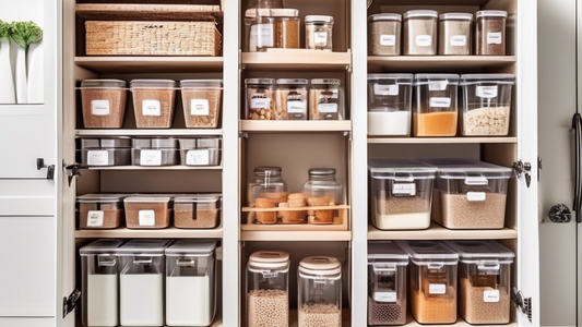 Create an image of a well-organized pantry showcasing five clever tips for keeping a kitchen tidy and efficient. Include labeled storage containers, stackable shelves, wire baskets for produce, a hanging pantry door organizer, and a Lazy Susan for ea