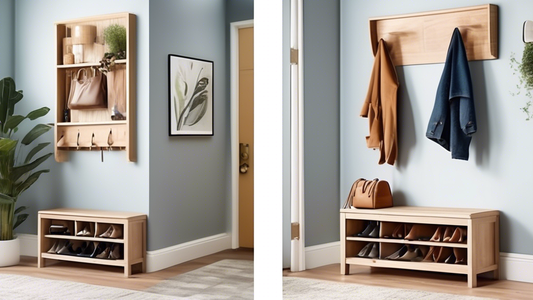 Create an image of a small entryway with clever and stylish storage solutions for shoes and bags. Show a compact shoe rack with built-in compartments, hooks for bags, and possibly a bench with hidden storage underneath. The design should be practical
