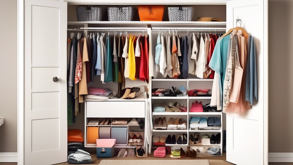 Create an image of a cluttered closet with clothes and items scattered everywhere. Show the chaos of an unorganized space, then illustrate the transformation with neatly folded clothes, labeled storage bins, and a well-organized shoe rack. Include el