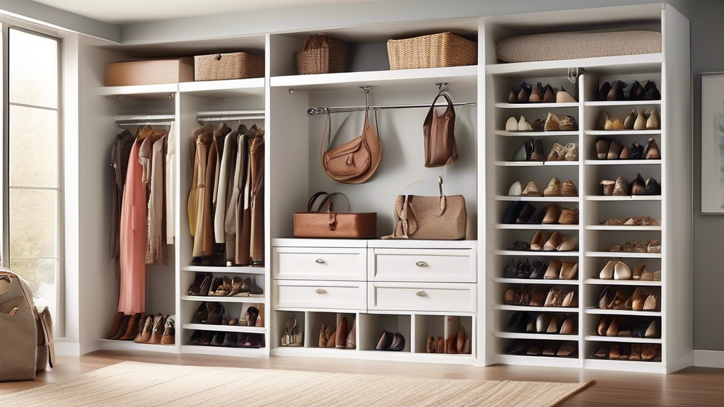 Create an image of a stylish and organized closet with compact shoe and bag storage solutions. Show a variety of shoes neatly arranged on shelves or in shoe cubbies, alongside a section for hanging bags or purses. Highlight the space-saving benefits 