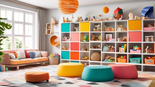 Create an image of a stylish and organized playroom with innovative storage solutions such as built-in shelves, colorful bins, and multi-functional furniture. The room should be a vibrant and inviting space that showcases the importance of smart stor