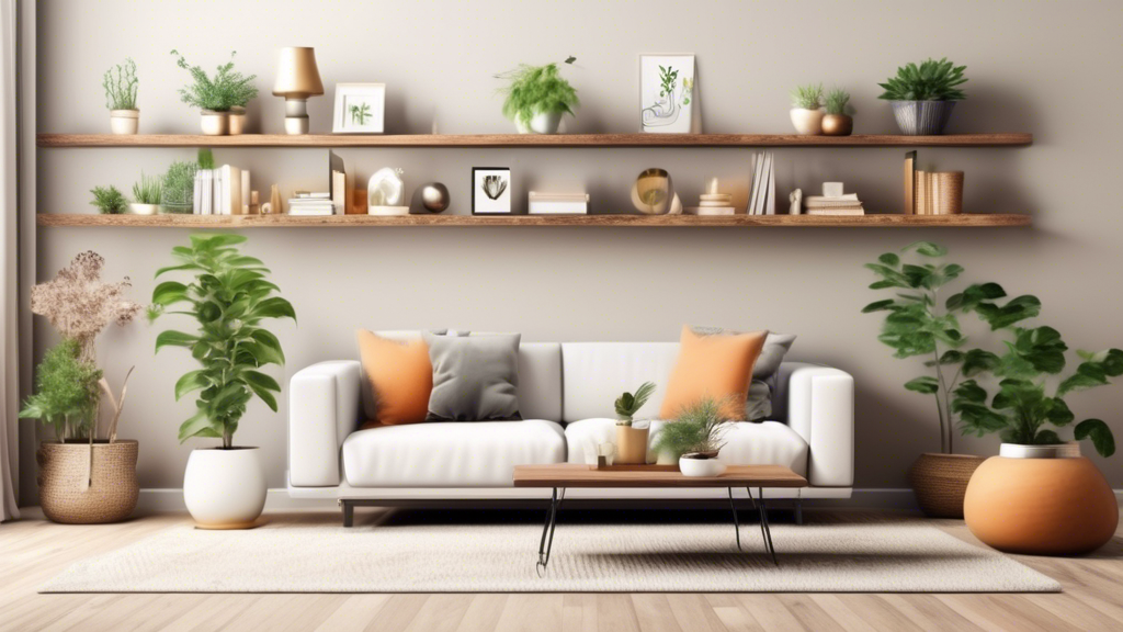 Create an image of a beautifully decorated living room with a variety of DIY floating shelves showcasing stylish storage solutions. Include a mix of plants, books, decorative items, and storage baskets on the shelves to highlight their functionality 