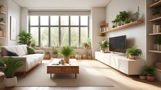 Please generate an image of a tidy and organized living room that conveys a sense of spaciousness and tranquility. Include elements like minimalist furniture, open shelving with few decorative items, ample natural light coming through a window, and p