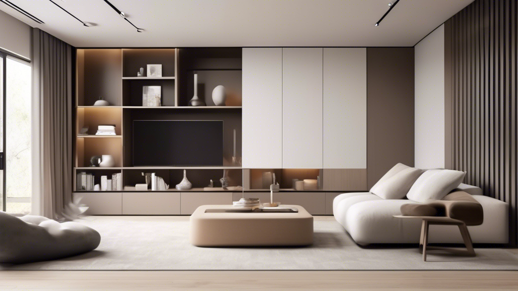 Create an image of a sleek and modern minimalist living room with hidden storage solutions seamlessly integrated into the design. Show hidden compartments in furniture, under staircases, behind walls, or integrated into the architecture to maximize s