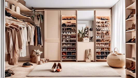 Create an image of a stylish and organized closet showcasing various creative shoe storage hacks, such as hanging shoe organizers, shoe shelves, and under-bed shoe storage solutions. Make sure the image conveys a sense of functionality and tidiness w
