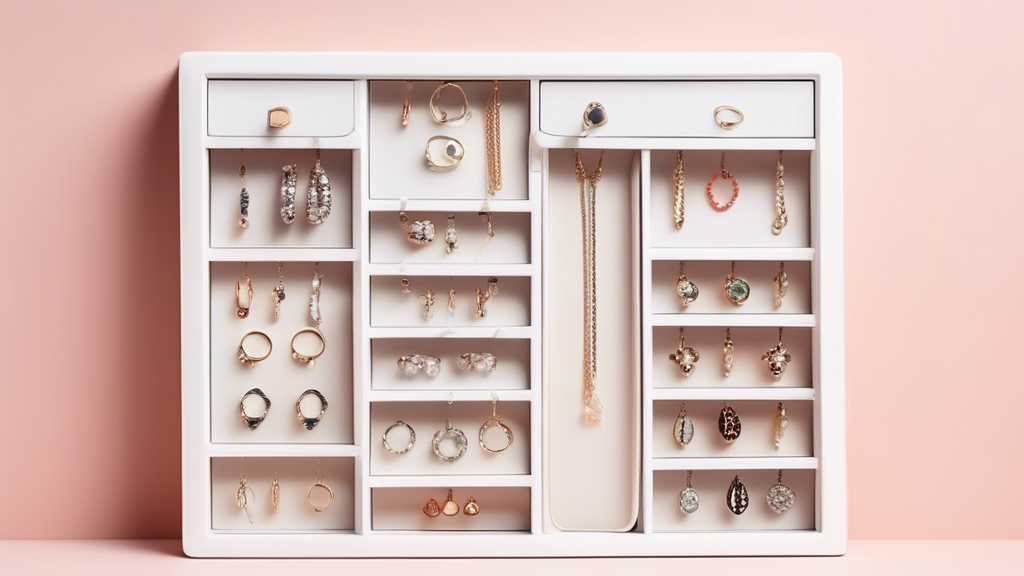 Create an image of a sleek, compact jewelry organizer containing various compartments for rings, earrings, necklaces, and bracelets. The organizer should be stylish and efficient, showcasing how it can neatly store and display jewelry items in a spac