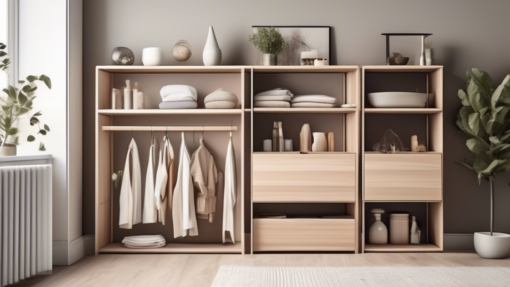 Create an image of a sleek and modern storage solution that maximizes space efficiency while maintaining a minimalist aesthetic. Show innovative ways to store items neatly and creatively, such as hidden compartments, built-in shelving, or foldable or