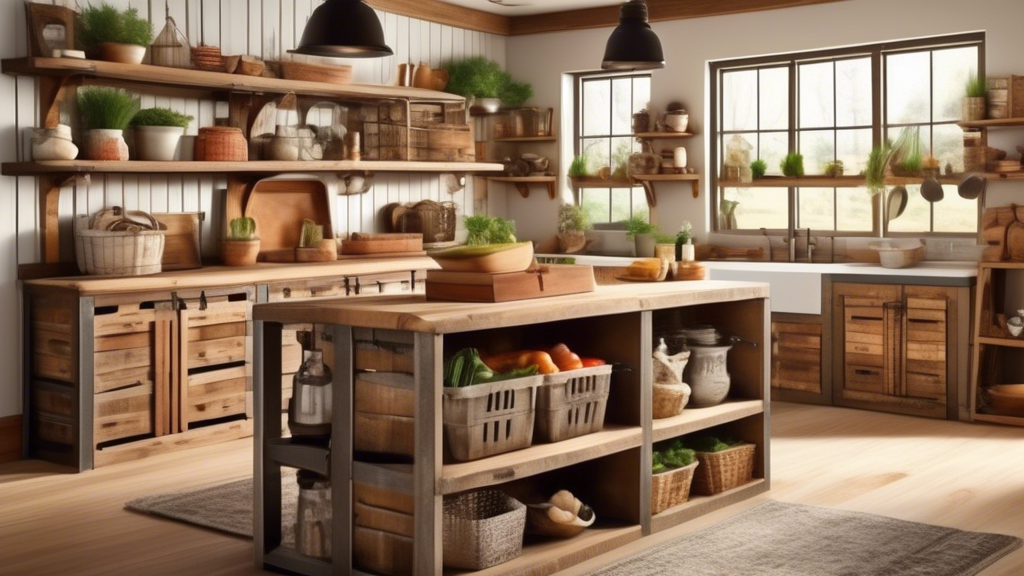 Create an image of a cozy farmhouse kitchen with shelves filled with a variety of rustic storage crates, each uniquely designed and labeled with different farm-inspired motifs such as chickens, cows, and vegetables. The crates are made of weathered w