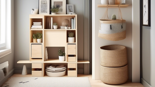 Create an image of a small room or apartment with limited space, showcasing five innovative and space-saving DIY storage solutions such as vertical shelving, under-bed storage, hanging organizers, wall-mounted baskets, and multi-functional furniture.