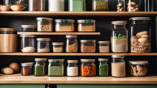 Create an image of a kitchen pantry filled with a variety of eco-friendly containers and storage solutions, showcasing a range of sustainable materials such as glass jars, bamboo containers, and reusable silicone bags. The containers should be organi