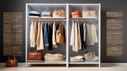 Create an image of a wardrobe filled with neatly organized smart bags, each labeled for different seasons like summer, winter, spring, and fall. Each bag should be transparent or partially see-through, showing a glimpse of the clothing within, showca