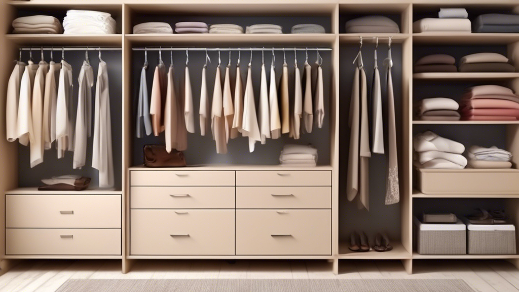 Create an image of a neatly organized closet with a variety of hangers, showcasing how different types of hangers can help maximize closet space and keep clothing neat and organized. Display different clothes like shirts, pants, dresses, and skirts h