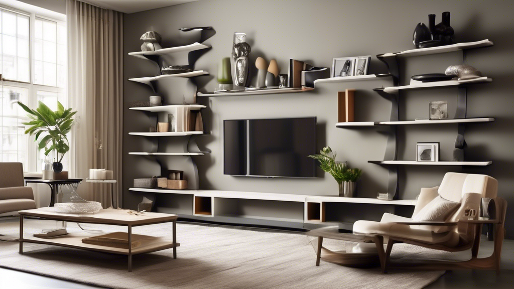 Create an image of a modern living room with adjustable shelving units that can be customized to fit various items of different sizes and shapes. The shelving units should be sleek and stylish, providing a flexible and efficient storage solution for 