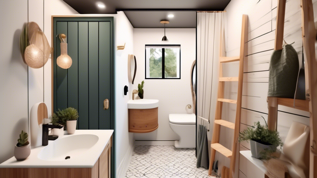 Create an image of a small bathroom in a tiny home that effectively maximizes space utilization; showcasing clever storage solutions, a compact layout, and practical design elements that create a visually appealing and functional environment.