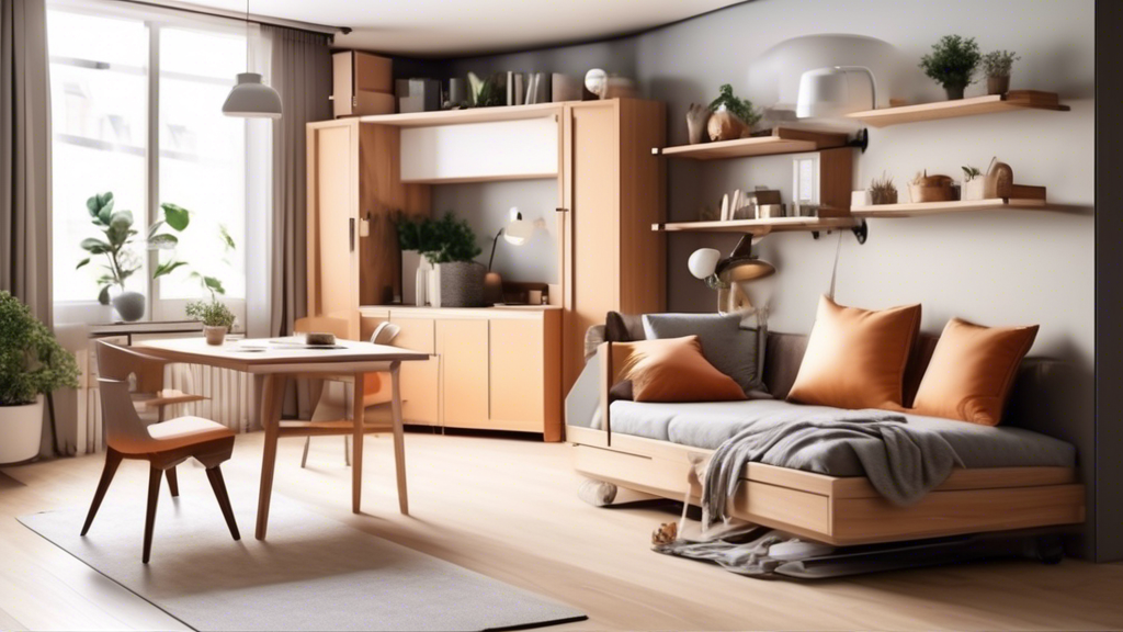 Create an image of a small apartment with innovative space-saving furniture ideas, such as a transforming sofa bed, a wall-mounted foldable desk, and a modular shelving system that maximizes storage space. The apartment should feel cozy and functiona