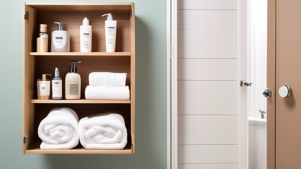 Create an image of a bathroom with limited space, showcasing innovative over-the-door storage solutions such as shelves, hooks, and baskets to maximize storage and organization in a small bathroom. The image should feature items like toiletries, towe