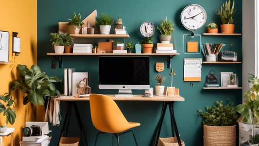Create an image of a modern home office with various wall-mounted storage solutions such as shelves, hanging baskets, and pegboards, showcasing a clutter-free and organized workspace.