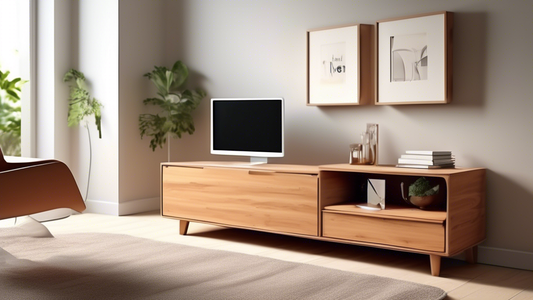Create an image of a modern, multifunctional piece of furniture designed for a small living space. This smart furniture should demonstrate innovative features such as hidden storage, space-saving design, and versatile usage options. Show how the furn