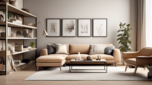 Create an image of a beautifully organized and clutter-free living room. Show a cozy space with minimalist furniture, neat shelves, and a few carefully selected decor items. Include details like strategically placed storage solutions, tidy bookshelve