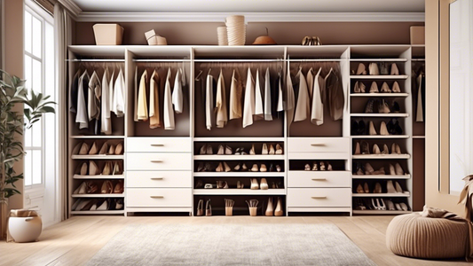 Create an image of a closet with various creative shoe storage solutions, such as hanging shoe organizers, shoe shelves, pull-out racks, and under-shelf baskets. Make sure to showcase the different ways shoes can be stored efficiently and stylishly w