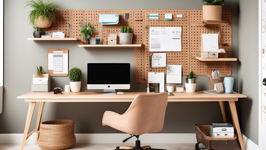 Create an image of a stylish and organized home office space featuring the top 10 wall-mounted storage solutions such as floating shelves, pegboards, cork boards, magnetic boards, hanging baskets, and file organizers. Each storage solution should be 