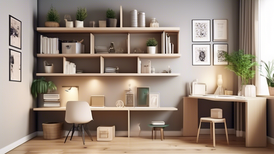 Create an image of a small, compact room with limited storage space. Show five different vertical storage solutions implemented in the room to optimize space, such as wall-mounted shelves, hanging organizers, tall cabinets, ladder shelves, and floati