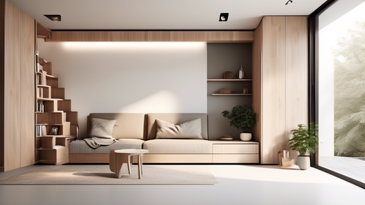 Create an image of a modern, minimalist living space with clever hidden storage solutions seamlessly integrated into the design. Show examples such as a sleek bench that doubles as a storage compartment, a staircase with hidden drawers, and a bed fra
